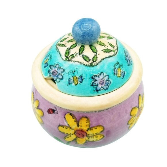 Ceramic Creamer w Lid Sue Zipkin Design Sango Birds & The Bees 3.5 Inch Vibrant - Picture 1 of 15